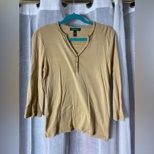 Lauren Ralph Lauren Tan Cotton Henley Long Sleeve Top Medium
